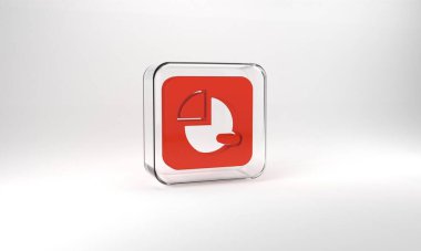 Red Pie chart infographic icon isolated on grey background. Diagram chart sign. Glass square button. 3d illustration 3D render.