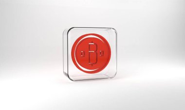 Red Cryptocurrency coin Bitcoin icon isolated on grey background. Physical bit coin. Blockchain based secure crypto currency. Glass square button. 3d illustration 3D render.