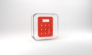 Red Calculator icon isolated on grey background. Accounting symbol. Business calculations mathematics education and finance. Glass square button. 3d illustration 3D render.
