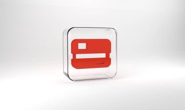 Red Credit card icon isolated on grey background. Online payment. Cash withdrawal. Financial operations. Shopping sign. Glass square button. 3d illustration 3D render.