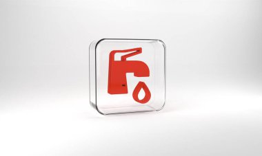 Red Water tap icon isolated on grey background. Glass square button. 3d illustration 3D render.