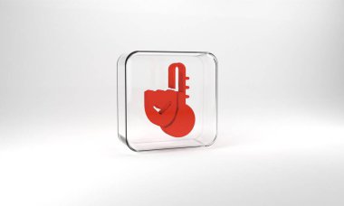 Red Meteorology thermometer measuring icon isolated on grey background. Thermometer equipment showing hot or cold weather. Glass square button. 3d illustration 3D render.