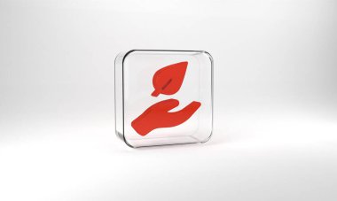 Red Hand hold a leaf of the plant icon isolated on grey background. Care nature. Leaf shoots with environmental protection. Glass square button. 3d illustration 3D render.