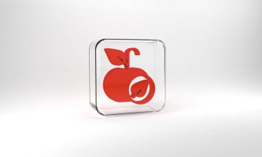 Red Apple icon isolated on grey background. Excess weight. Healthy diet menu. Fitness diet apple. Glass square button. 3d illustration 3D render.
