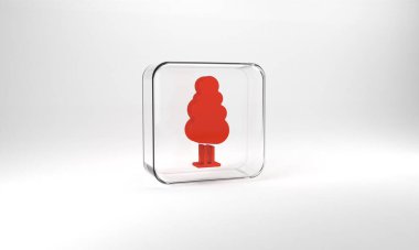 Red Tree icon isolated on grey background. Forest symbol. Glass square button. 3d illustration 3D render.