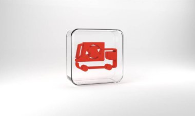 Red Garbage truck icon isolated on grey background. Glass square button. 3d illustration 3D render.