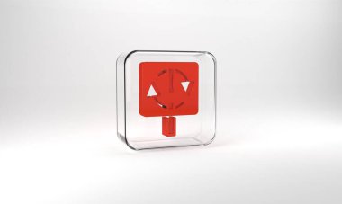Red Recycle symbol icon isolated on grey background. Circular arrow icon. Environment recyclable go green. Glass square button. 3d illustration 3D render.