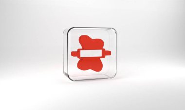 Red Rolling pin on dough icon isolated on grey background. Glass square button. 3d illustration 3D render.