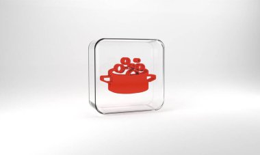 Red Cooking pot icon isolated on grey background. Boil or stew food symbol. Glass square button. 3d illustration 3D render.