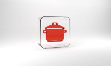 Red Cooking pot icon isolated on grey background. Boil or stew food symbol. Glass square button. 3d illustration 3D render.