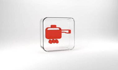 Red Cooking pot on fire icon isolated on grey background. Boil or stew food symbol. Glass square button. 3d illustration 3D render.