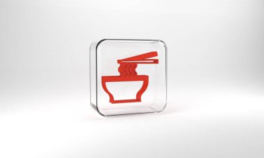 Red Asian noodles in bowl and chopsticks icon isolated on grey background. Street fast food. Korean, Japanese, Chinese food. Glass square button. 3d illustration 3D render.