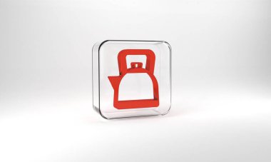Red Kettle with handle icon isolated on grey background. Teapot icon. Glass square button. 3d illustration 3D render.