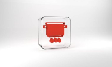 Red Cooking pot on fire icon isolated on grey background. Boil or stew food symbol. Glass square button. 3d illustration 3D render.