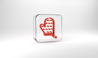 Red Oven glove icon isolated on grey background. Kitchen potholder sign. Cooking glove. Glass square button. 3d illustration 3D render.
