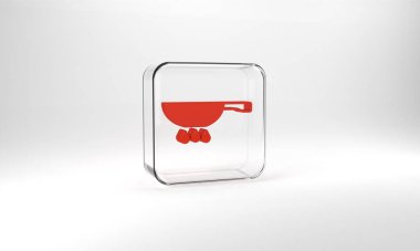 Red Frying pan on fire icon isolated on grey background. Fry or roast food symbol. Glass square button. 3d illustration 3D render.