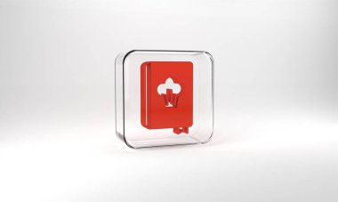 Red Cookbook icon isolated on grey background. Cooking book icon. Recipe book. Fork and knife icons. Cutlery symbol. Glass square button. 3d illustration 3D render.