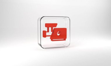 Red Kitchen meat grinder icon isolated on grey background. Glass square button. 3d illustration 3D render.