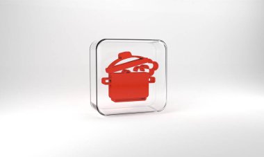 Red Cooking pot icon isolated on grey background. Boil or stew food symbol. Glass square button. 3d illustration 3D render.