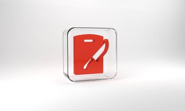 Red Cutting board and knife icon isolated on grey background. Chopping Board symbol. Cutlery symbol. Glass square button. 3d illustration 3D render.