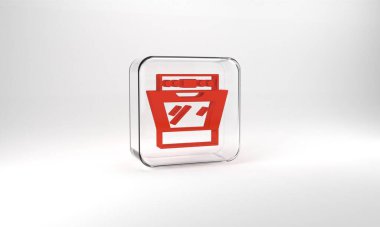 Red Oven icon isolated on grey background. Stove gas oven sign. Glass square button. 3d illustration 3D render.