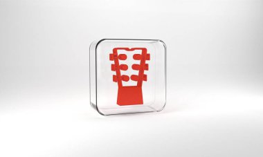 Red Guitar neck icon isolated on grey background. Acoustic guitar. String musical instrument. Glass square button. 3d illustration 3D render.
