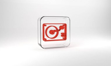 Red Vinyl player with a vinyl disk icon isolated on grey background. Glass square button. 3d illustration 3D render.