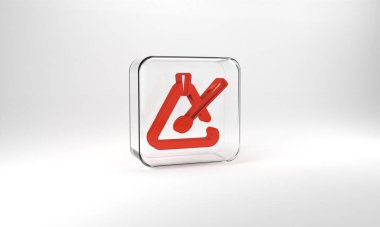 Red Triangle musical instrument icon isolated on grey background. Glass square button. 3d illustration 3D render.