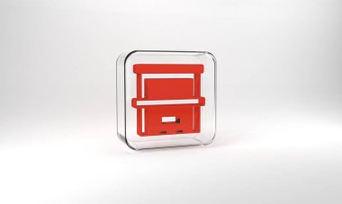 Red Piano icon isolated on grey background. Musical instrument. Glass square button. 3d illustration 3D render.
