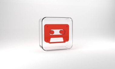 Red Retro audio cassette tape icon isolated on grey background. Glass square button. 3d illustration 3D render.