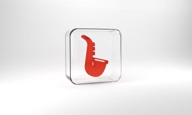 Red Musical instrument saxophone icon isolated on grey background. Glass square button. 3d illustration 3D render.