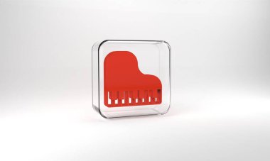 Red Grand piano icon isolated on grey background. Musical instrument. Glass square button. 3d illustration 3D render.