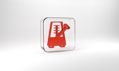 Red Classic Metronome with pendulum in motion icon isolated on grey background. Equipment of music and beat mechanism. Glass square button. 3d illustration 3D render.