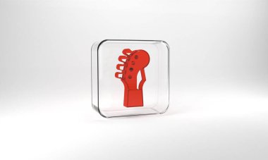 Red Guitar neck icon isolated on grey background. Acoustic guitar. String musical instrument. Glass square button. 3d illustration 3D render.