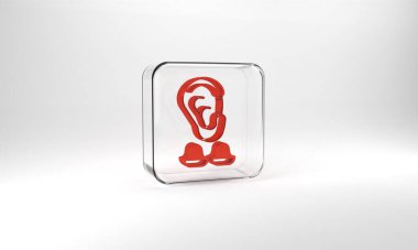 Red Earplugs and ear icon isolated on grey background. Ear plug sign. Noise symbol. Sleeping quality concept. Glass square button. 3d illustration 3D render.