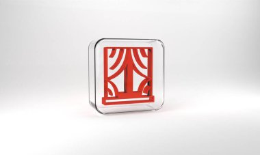 Red Window with curtains in the room icon isolated on grey background. Glass square button. 3d illustration 3D render.