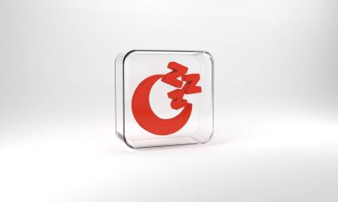 Red Moon and stars icon isolated on grey background. Cloudy night sign. Sleep dreams symbol. Full moon. Night or bed time sign. Glass square button. 3d illustration 3D render.