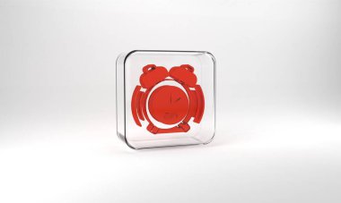 Red Alarm clock icon isolated on grey background. Wake up, get up concept. Time sign. Glass square button. 3d illustration 3D render.