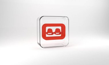 Red Earplugs with storage box icon isolated on grey background. Ear plug sign. Noise symbol. Sleeping quality concept. Glass square button. 3d illustration 3D render.