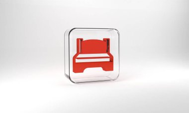 Red Big bed for two or one person icon isolated on grey background. Glass square button. 3d illustration 3D render.