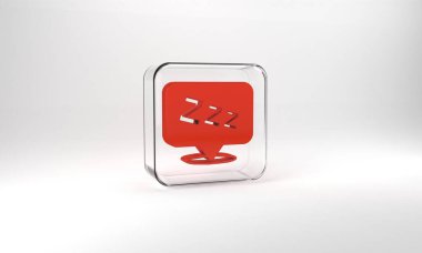 Red Sleepy icon isolated on grey background. Sleepy zzz talk bubble. Glass square button. 3d illustration 3D render.