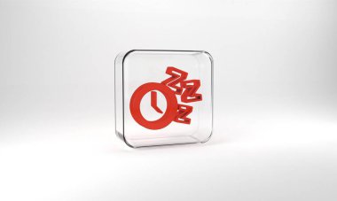 Red Alarm clock icon isolated on grey background. Wake up, get up concept. Time sign. Glass square button. 3d illustration 3D render.