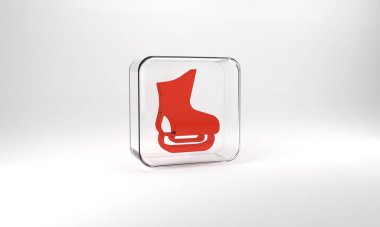 Red Skates icon isolated on grey background. Ice skate shoes icon. Sport boots with blades. Glass square button. 3d illustration 3D render.