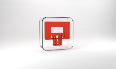 Red Basketball backboard icon isolated on grey background. Glass square button. 3d illustration 3D render.