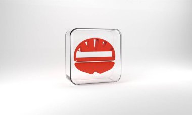 Red Bicycle helmet icon isolated on grey background. Extreme sport. Sport equipment. Glass square button. 3d illustration 3D render.
