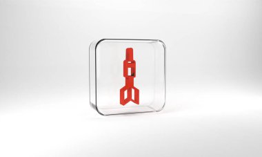 Red Dart arrow icon isolated on grey background. Glass square button. 3d illustration 3D render.