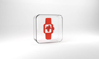 Red Smart watch showing heart beat rate icon isolated on grey background. Fitness App concept. Glass square button. 3d illustration 3D render.