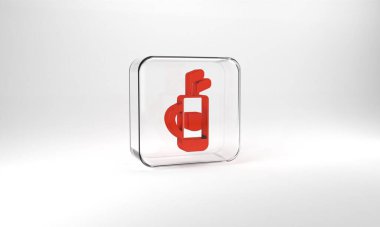 Red Golf bag with clubs icon isolated on grey background. Glass square button. 3d illustration 3D render.