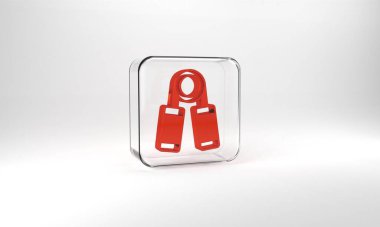 Red Sport expander icon isolated on grey background. Sport equipment. Glass square button. 3d illustration 3D render.