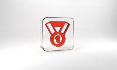 Red Medal icon isolated on grey background. Winner symbol. Glass square button. 3d illustration 3D render.